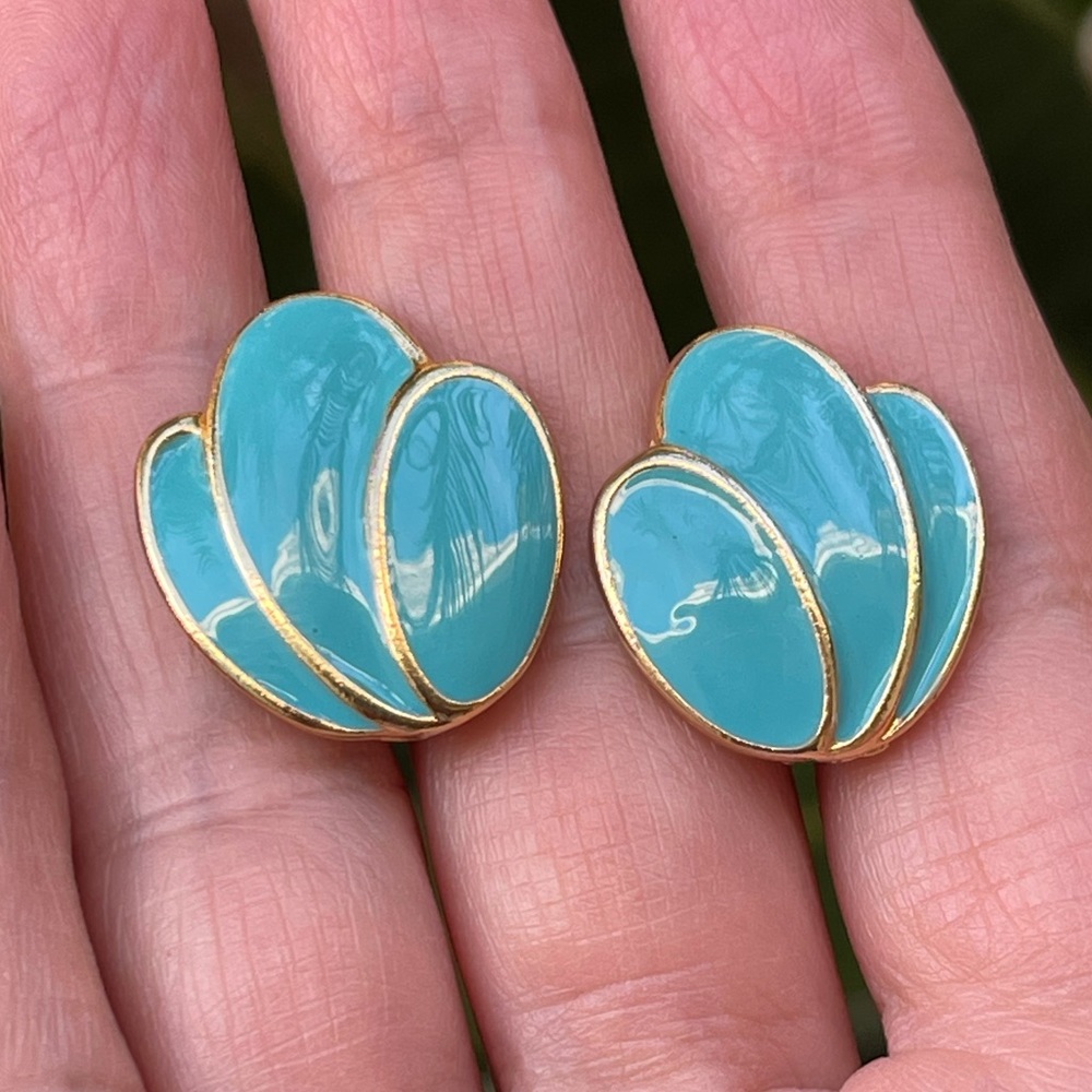 Turquoise blue enamel gold tone clip on earrings